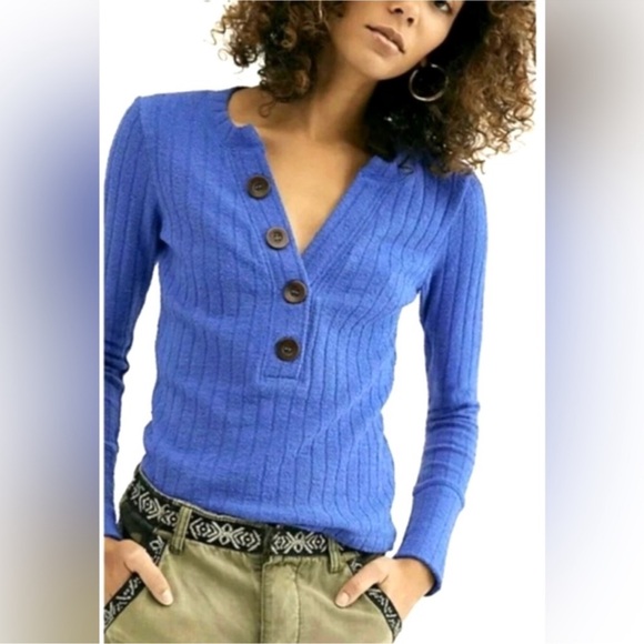 We The Free Sweaters - We the Free Ribbed Henley Button-Front Sweater in Cobalt Blue